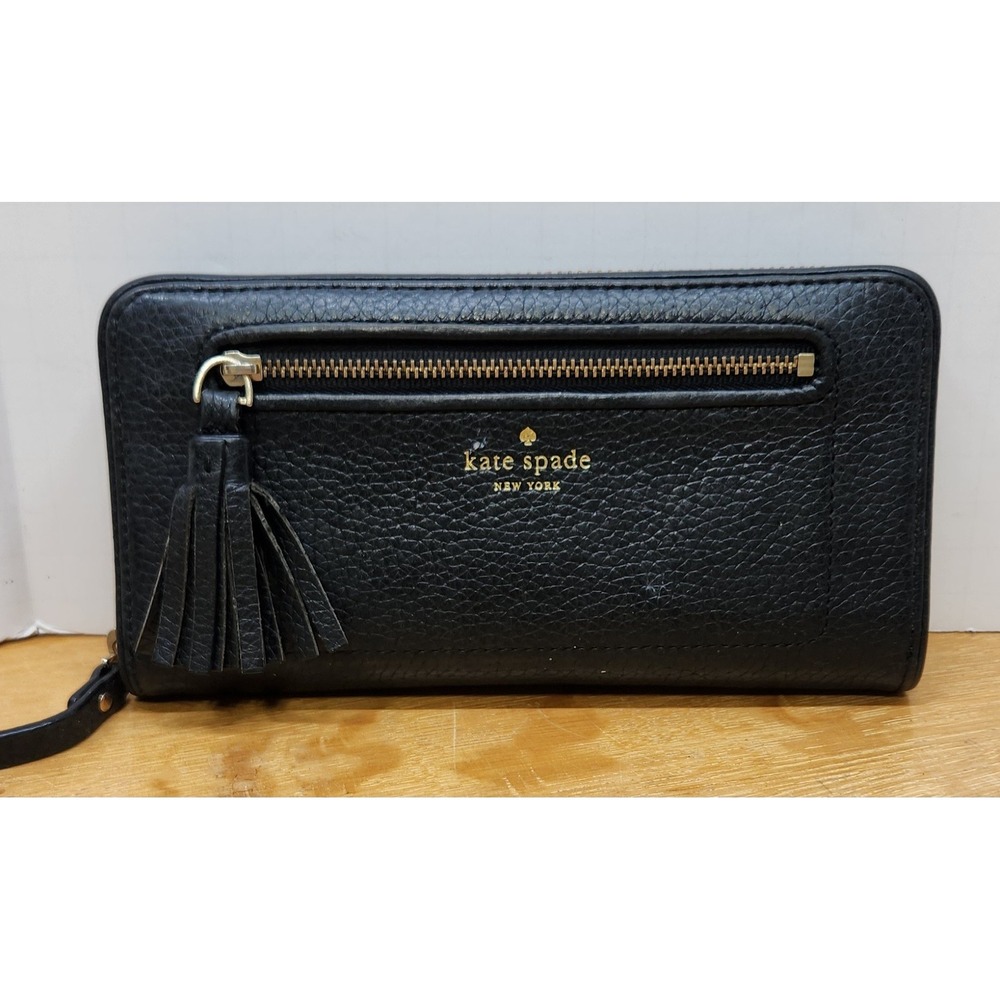 Kate Spade New York Black Pebbled Leather Tassel Zip Around Continental Wallet